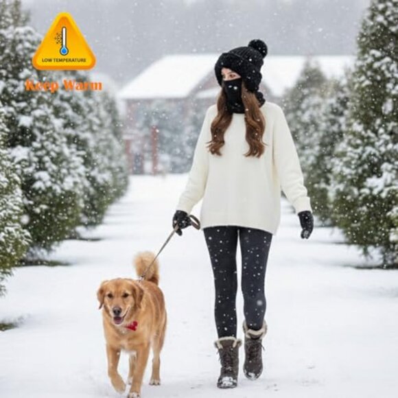 Fleece Lined Knitted Balaclava Hooded Beanie Neck Warmer One Piece